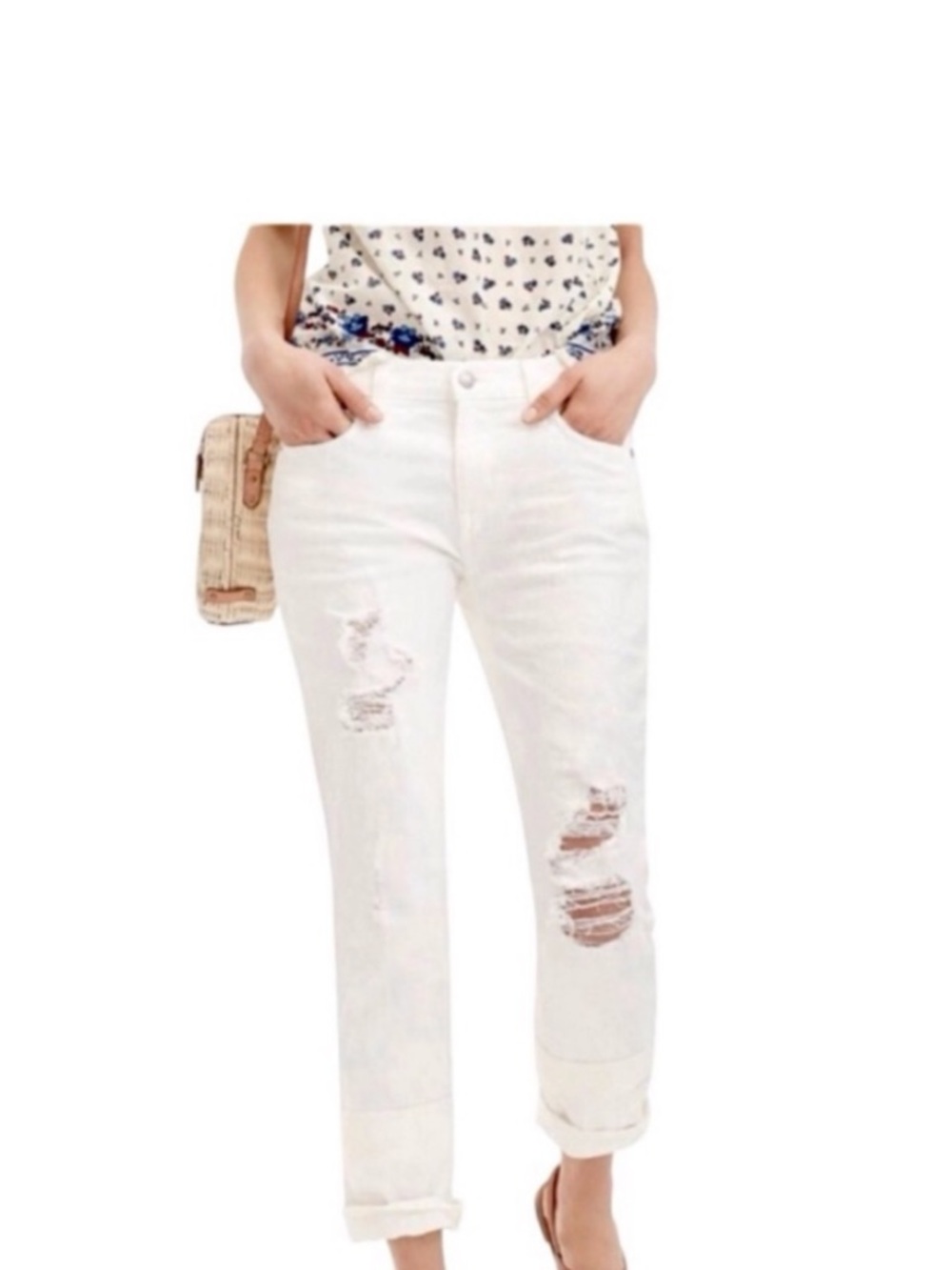 J.Crew Cropped Vintage Straight Ivory Jeans Ripped/Distressed Stretchy Sz 27